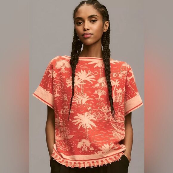 Anthropologie Happy Sheep Printed Fringe Sweater Tee NWT - Picture 2 of 7